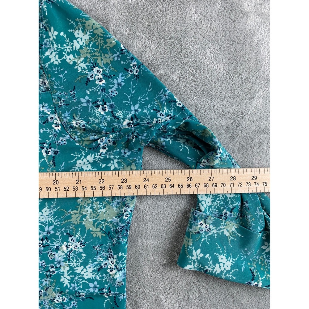Ava & Grace Womens XL Teal Floral Pintuck Lace Yoke 3/4 Roll Tab Sleeve Blouse - Picture 7 of 14
